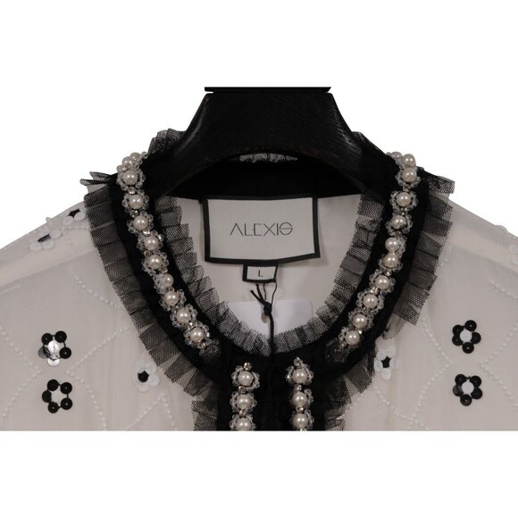 Alexis Women Celestia Beaded Sequence Top Large White Black Blouse Ruffle Fringe - Picture 5 of 12